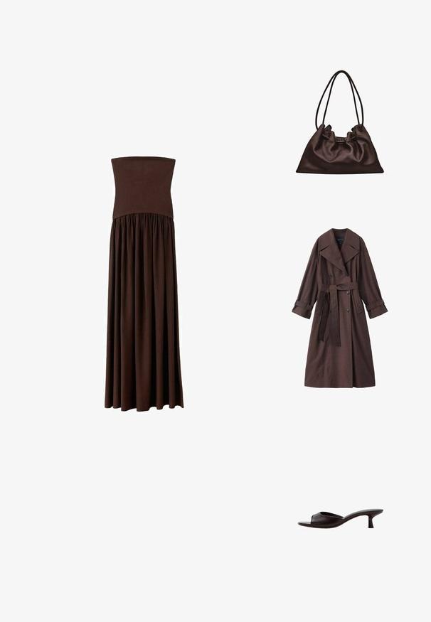 Bruine trenchcoat met een gestructureerde afwerking, dubbelrijks ontwerp, brede kraag, ceintuur in de taille en opgerolde manchetten.; Bruine strapless maxi-jurk met een aansluitend lijfje en een vloeiende rok van zachte stof, voorzien van een elastische band in de taille voor extra comfort.; Zwarte muil met open teen, lage gebogen hak en een glad leren bovenzijde tegen een witte achtergrond.; Zachte donkerbruine leren handtas met een slungelige vorm en twee dunne schouderbandjes tegen een witte achtergrond.