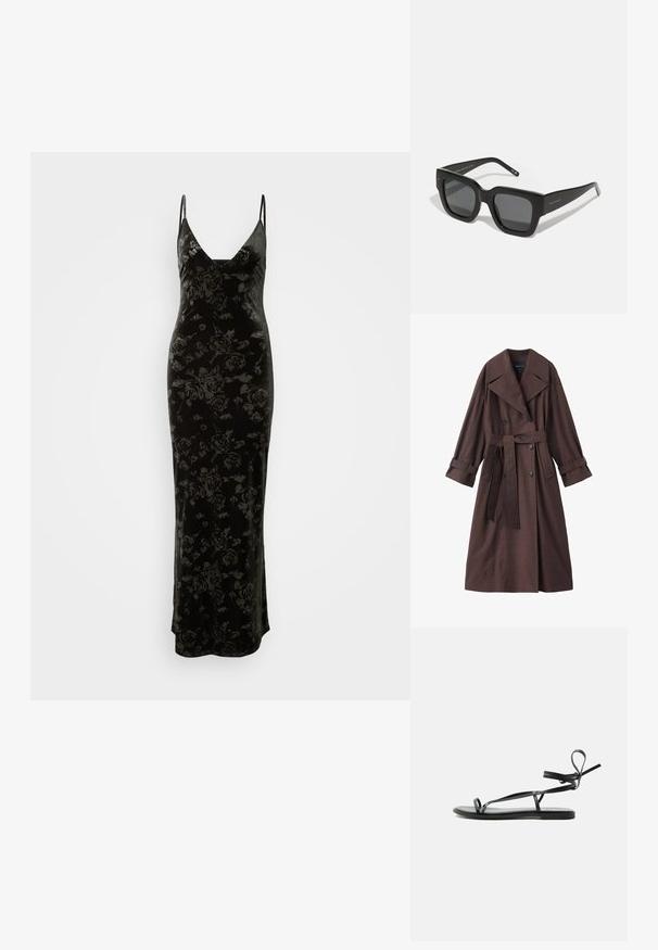 Manteau trench marron avec une finition texturée, design double boutonnage, large col, taille ceinturée et poignets retroussés.; Robe longue en velours noir avec un motif floral, dotée de fines bretelles et d'un décolleté en V profond, texture lisse et silhouette ajustée.; Sandale plate noire avec de fines lanières et un design enveloppant la cheville sur un fond clair uni.; Lunettes de soleil noires en forme carrée avec des verres sombres, une monture en plastique épaisse et des tempes élégantes. Présente un marquage subtil sur le côté.