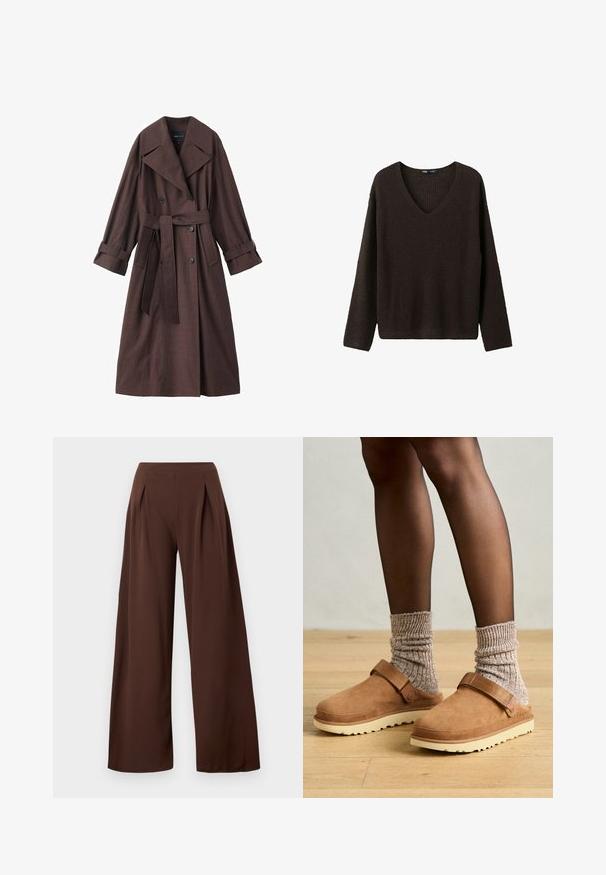Manteau trench marron avec une finition texturée, design double boutonnage, large col, taille ceinturée et poignets retroussés.; Pull en tricot marron foncé à manches longues et col en V, présenté sur un fond blanc.; Pantalons à larges jambes en tissu marron foncé, avec une taille haute, des plis avant et une texture lisse. Convient pour diverses occasions.; Sabots en suède marron avec une sangle, semelle en caoutchouc crème et chaussettes en tricot gris texturé. Le sol est en bois clair.