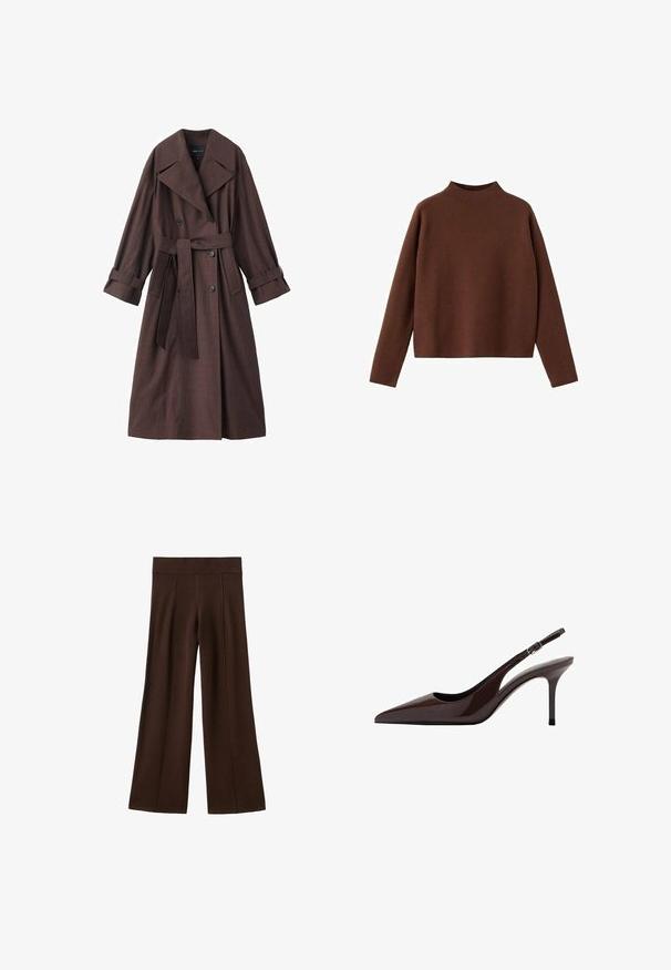 Bruine trenchcoat met een gestructureerde afwerking, dubbelrijks ontwerp, brede kraag, ceintuur in de taille en opgerolde manchetten.; Bruine, lange mouwen trui met een hoge hals. Gemaakt van een zachte, gestructureerde stof. Heeft een ontspannen, boxy vorm en een minimalistisch ontwerp.; Bruine wijde pantalons met een geribde elastische tailleband en verticale naaddetails op een witte achtergrond.; Bruine gepolijste leren slingback hakken met een spitse neus, slanke hak en verstelbare gespband. Gladde textuur en glanzende afwerking.