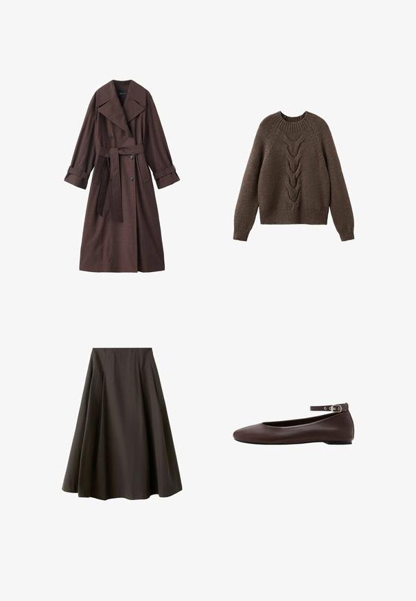 Brauner Trenchcoat mit strukturierter Oberfläche, doppelreihigem Design, breitem Kragen, Taillengürtel und hochgekrempelten Ärmelenden.; Brauner Strickpullover mit rundem Halsausschnitt, langen Ärmeln und einem Zopfmuster, das die Vorderseite hinunterläuft. Gerippter Saum und Bündchen.; Schwarzer A-Linien-Rock mit hoher Taille und ausgestelltem Saum, aus glattem Stoff, vor weißem Hintergrund gezeigt.; Dunkelbrauner flacher Schuh mit abgerundeter Spitze und verstellbarem Knöchelriemen mit silberner Schnalle auf weißem Hintergrund.