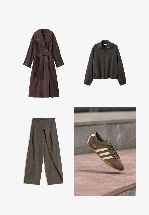 Brun trenchcoat med en tekstureret finish, dobbeltradet design, bred krave, bælte i taljen og rullede manchetter.; Mørkegrå sweatshirt med høj krave, kort lynlås foran og elastisk kant. Blødt stof med en afslappet, løs pasform.; Vide bukser lavet af et struktureret, mørkegråt stof. Har en frontfald, knaplukning og sidelommer for praktisk anvendelse.; Brun ruskindssneaker med hvide striber og branding, med rund tå og ydersål af gummibelagt gummi, hængende over en struktureret overflade.
