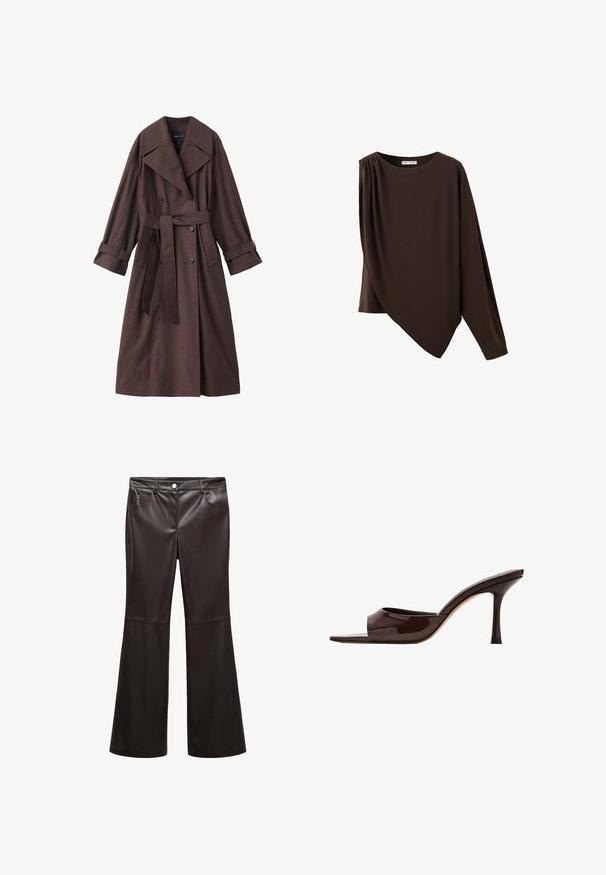 Brun trenchcoat med en tekstureret finish, dobbeltradet design, bred krave, bælte i taljen og rullede manchetter.; Asymmetrisk mørkebrun top med lange ærmer, rund halsudskæring og detaljeret rynkning på den ene skulder.; Sorte flare bukser lavet af glat kunstlæder, med forlommer, lynlås og en sølvknap. Desuden detaljeret syning.; Mørkebrun laklæder mule med åben tå, bred rem og slank høj hæl på hvid baggrund.