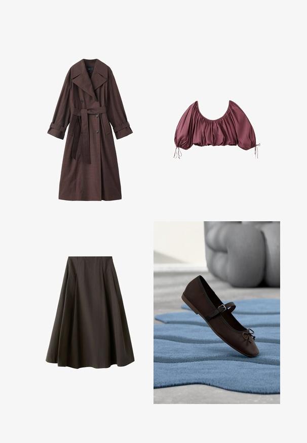 Bruine trenchcoat met een gestructureerde afwerking, dubbelrijks ontwerp, brede kraag, ceintuur in de taille en opgerolde manchetten.; Gecropte, off-shoulder blouse in diep mauve met geplooide stof en elastische pofmouwen, gestrikt aan de polsen.; Zwarte A-lijn rok met hoge taille en uitlopende zoom, gemaakt van gladde stof, getoond tegen een witte achtergrond.; Donkerbruine Mary Jane platte schoen met gesp en strikdetail, rustend op een golvend blauw gestructureerd tapijt en een grijze gestoffeerde bank op de achtergrond.