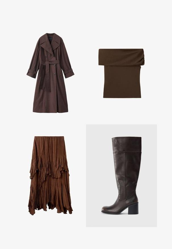 Brauner Trenchcoat mit strukturierter Oberfläche, doppelreihigem Design, breitem Kragen, Taillengürtel und hochgekrempelten Ärmelenden.; Dunkelbrauner gestrickter Röhrenrock mit breitem, umgeschlagenem Bund und glatter Textur.; Brauner, zerknitterter Rock mit asymmetrischem Saum und geschichteten, drapierten Stoffdetails, die einen strukturierten, fließenden Look erzeugen.; Braune Lederkniehohe Stiefel mit abgerundeter Spitze und gestapeltem Absatz. Merkmale sind eine glatte Oberfläche und seitliche Nähte.