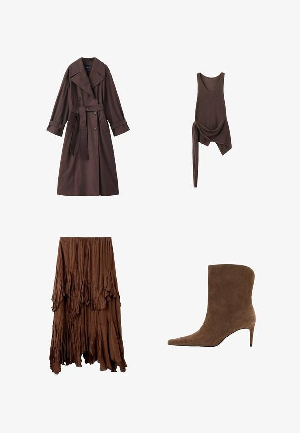 Bruine trenchcoat met een gestructureerde afwerking, dubbelrijks ontwerp, brede kraag, ceintuur in de taille en opgerolde manchetten.; Mouwloze donkerbruine gebreide top met diepe V-hals en asymmetrische zoom, met een lang stoffen strikdetail aan de linkerkant.; Bruine gerimpelde rok met een asymmetrische zoom en gelaagde, gedrapeerde stofdetails die een gestructureerde, vloeiende uitstraling creëren.; Bruine suède enkellaars met een spits toelopende neus en een slanke hak, met een strak bovenwerk en een gladde textuur.