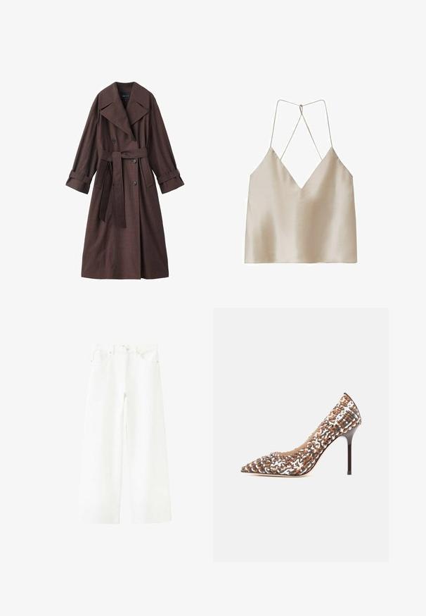 Bruine trenchcoat met een gestructureerde afwerking, dubbelrijks ontwerp, brede kraag, ceintuur in de taille en opgerolde manchetten.; Beige satijnen camisol met een diepe V-hals en dunne, gekruiste spaghettibandjes aan de achterkant.; Witte wijde denim jeans met voorzakken, riemlussen en knoopsluiting in de taille.; Dames schoen met puntige neus en hoge naaldhak, met een meerkleurig geweven bovendeel in bruine, witte en grijze tinten.