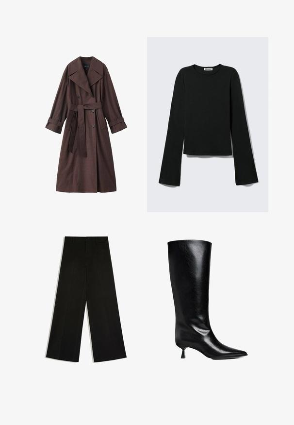 Brauner Trenchcoat mit strukturierter Oberfläche, doppelreihigem Design, breitem Kragen, Taillengürtel und hochgekrempelten Ärmelenden.; Schwarzes Langarmshirt mit Rundhalsausschnitt, figurbetonter Silhouette und leicht ausgestellten Ärmeln, gekennzeichnet mit einem "Weekday" Markenetikett im Nacken.; Schwarze Hosen mit weitem Bein, Gürtelschlaufen, Knopfverschluss vorne und Reißverschluss, flach auf weißem Hintergrund ausgelegt.; Schwarze Lederstiefel bis zum Knie mit spitzem Zehenbereich, schlanker Silhouette und niedrigem Blockabsatz mit glänzender Oberfläche.