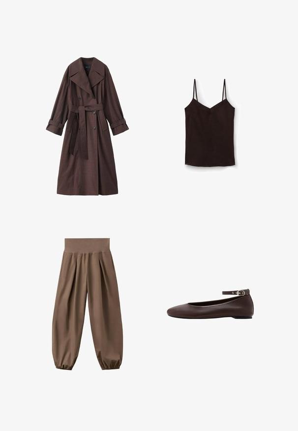 Brauner Trenchcoat mit strukturierter Oberfläche, doppelreihigem Design, breitem Kragen, Taillengürtel und hochgekrempelten Ärmelenden.; Schwarzes ärmelloses Damen-Camisole-Top mit dünnen Schulterträgern und V-förmigem Ausschnitt vor weißem Hintergrund.; Braune, locker sitzende, hoch taillierte Hose mit gesammelten elastischen Bündchen und vorderen Falten, auf weißem Hintergrund dargestellt.; Dunkelbrauner flacher Schuh mit abgerundeter Spitze und verstellbarem Knöchelriemen mit silberner Schnalle auf weißem Hintergrund.