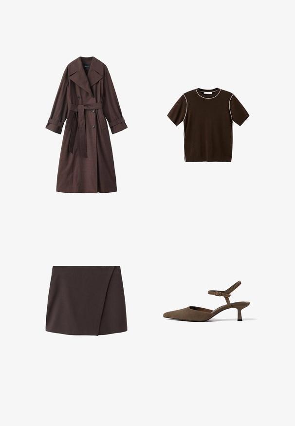 Brauner Trenchcoat mit strukturierter Oberfläche, doppelreihigem Design, breitem Kragen, Taillengürtel und hochgekrempelten Ärmelenden.; Dunkelbraunes Strickshirt mit kurzen Ärmeln und weißer Einfassung entlang des Halsausschnitts, der Schulternähte und der Seiten, dargestellt vor weißem Hintergrund.; Dunkelbrauner asymmetrischer Minirock mit leichtem Frontüberlapp, aus glattem Stoff gefertigt.; Brauner Wildleder-Slingback mit spitzer Schuhspitze, niedrigem Kittenabsatz und verstellbarem Knöchelriemen, fotografiert vor weißem Hintergrund.