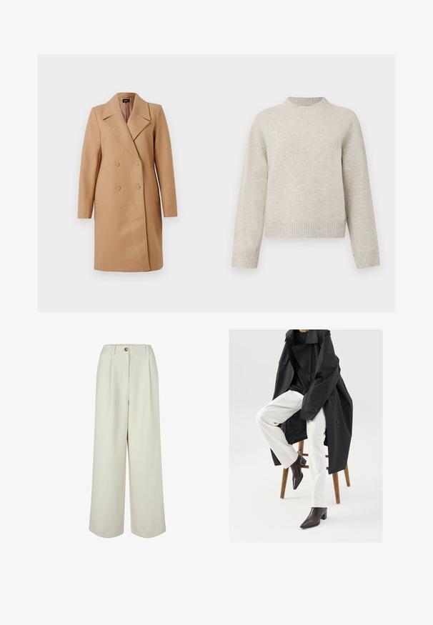 Manteau camel croisé avec col à revers, en tissu épais, doté de deux boutons, de poches latérales et de manches longues.; Pull en tricot épais gris clair avec un col rond, des épaules tombantes et des bords côtelés aux poignets et à l'ourlet. Texture douce, coupe décontractée.; Pantalon crème taille haute à jambes larges avec passants de ceinture, fermeture par bouton et plis à l'avant, conçu pour une coupe décontractée.; Un trench-coat noir, surdimensionné, porté sur un haut noir, associé à un pantalon blanc et des bottines à bout pointu marron, assis sur un tabouret en bois.