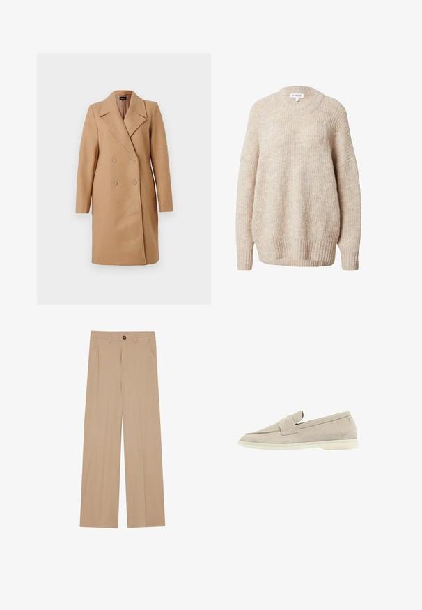 Manteau camel croisé avec col à revers, en tissu épais, doté de deux boutons, de poches latérales et de manches longues.; Pull en tricot beige avec un col rond, des épaules tombantes et des poignets et un ourlet côtelés. Il offre une coupe légèrement ample et texturée.; Pantalons larges beiges avec une texture lisse, dotés de deux poches latérales, d'une fermeture à bouton à l'avant et de plis subtils pour plus de détails.; Mocassin en suède beige clair avec une semelle blanche basse, un bout arrondi et une lanière cousue sur le dessus.