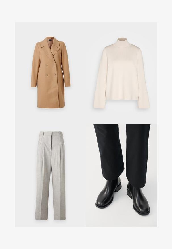 Manteau camel croisé avec col à revers, en tissu épais, doté de deux boutons, de poches latérales et de manches longues.; Pull en col roulé crème à manches longues, fabriqué en maille douce. Présente un col ajusté et une silhouette décontractée. Aucun motif ou accent visible.; Pantalon gris clair avec une finition texturée, présentant un design taille haute et deux plis à l'avant. Coupe droite sans poches visibles.; Bottines Chelsea en cuir noir avec une texture lisse, un bout rond et un petit talon carré, associées à un pantalon noir.