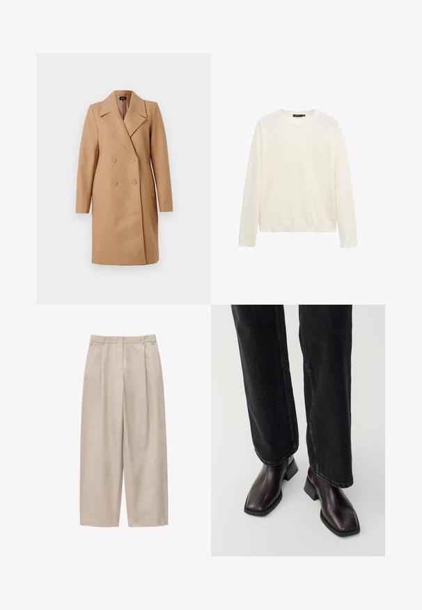 Manteau camel croisé avec col à revers, en tissu épais, doté de deux boutons, de poches latérales et de manches longues.; Pull blanc à col rond à manches longues avec poignets et ourlet côtelés, présenté sur un fond blanc uni.; Pantalon beige à jambes larges avec plis devant, poches latérales, passants pour ceinture et fermeture frontale dissimulée.; Bottines en cuir marron avec un orteil carré et un talon carré, associées à un jeans noir à jambes larges. Texture lisse et design minimaliste.
