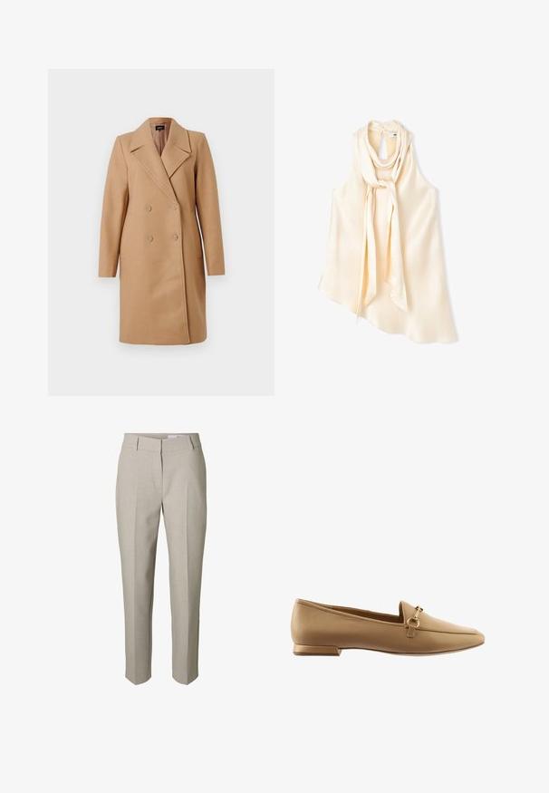 Dubbelzijdige kameljak met een gelapte kraag, gemaakt van dikke stof, met twee knopen, zijzakken en lange mouwen.; Mouwloze crèmekleurige satijnen blouse met vastgemaakte lange sjaal losjes gestrikt om de hals en een asymmetrische zoom op witte achtergrond.; Beige op maat gemaakte broek met riemlussen, een voorrits en geperste plooien over de benen, getoond tegen een witte achtergrond.; Beige leren instappers met een vlakke hak, voorzien van een decoratieve metalen ring en accentband, een gladde textuur en een rond toel ontwerp.