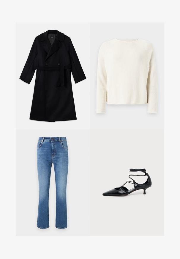 Long manteau noir croisé avec larges revers, une ceinture à nouer et des poches sur les côtés, fabriqué en tissu en laine lisse.; Pull en tricot couleur crème à manches longues avec col rond et discrètes fentes latérales, présenté sur un fond gris clair.; Jean en denim bleu taille haute avec jambes légèrement évasées, cinq poches, fermeture par bouton et décoloration subtile sur le devant.; Chaussure noire à bout pointu et talon kitten avec brides autour de la cheville et détails découpés sur les côtés, présentée sur un fond uni clair.