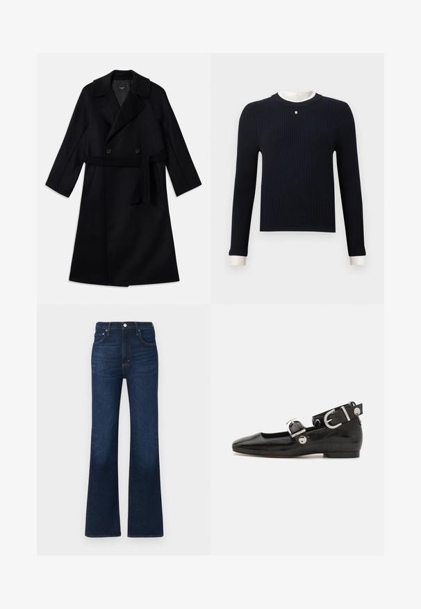 Long manteau noir croisé avec larges revers, une ceinture à nouer et des poches sur les côtés, fabriqué en tissu en laine lisse.; Pull noir côtelé à manches longues avec col rond et poignets blancs, présentant un petit détail décoratif carré au centre de la poitrine.; Jean évasé bleu foncé en denim, doté d'une taille haute, d'un design à cinq poches et de détails de couture classiques. Texture lisse.; Ballerine en cuir verni noir avec un bout carré, sangle de cheville avec des détails en métal argenté et semelle plate. Texture lisse avec un design minimaliste.