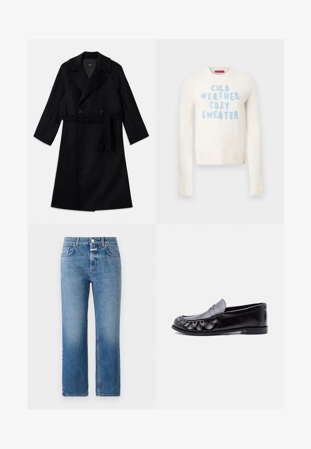 Long manteau noir croisé avec larges revers, une ceinture à nouer et des poches sur les côtés, fabriqué en tissu en laine lisse.; Pull crème avec poignets et ourlet côtelés, arborant un texte bleu : "COLD WEATHER COZY SWEATER". Texture douce, col rond.; CLOSED MILO - Jean droit - mid blue; Mocassin pour hommes en cuir noir avec bride à monnaie et surpiqûres détaillées le long de l'avant-pointu arrondi, semelle plate et talon bas.
