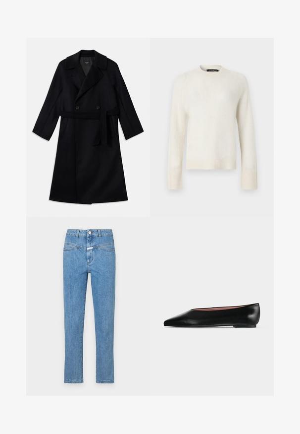 Long manteau noir croisé avec larges revers, une ceinture à nouer et des poches sur les côtés, fabriqué en tissu en laine lisse.; Pull blanc à manches longues avec col rond, poignets et ourlet côtelés, présenté sur un fond clair uni.; Jeans en denim bleu clair avec une coupe droite, cinq poches et une fermeture à bouton. Présente une texture légèrement délavée et un minimum de coutures.; Chaussure plate en cuir noir pour femme, avec bout pointu et petit talon, vue de côté sur un fond gris clair uni.