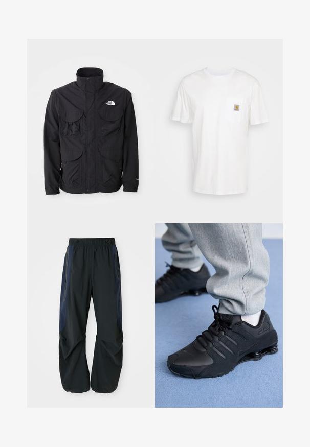Chaqueta negra con un alto cuello, dos bolsillos frontales con solapa, un cierre con cremallera y un logo en la parte superior derecha. Diseño ligero, ideal para el aire libre.; Camiseta de algodón blanca con mangas cortas, un bolsillo en el pecho y un pequeño parche cuadrado de logo en naranja y blanco en el bolsillo.; Pantalones de exterior negros con un corte relajado, que cuentan con una cinturilla elástica, paneles laterales en color marino y bolsillos con cremallera a ambos lados.; Persona vestida con zapatillas Nike Shox negras y pantalones de chándal grises, de pie sobre una alfombra azul claro.