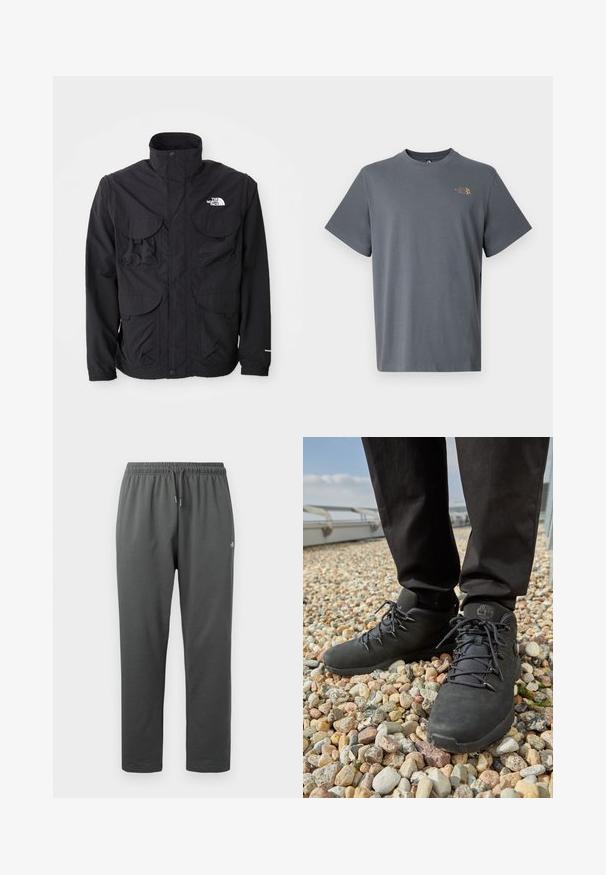 Schwarze Jacke mit hohem Kragen, zwei vorderen Klapptaschen, einem Reißverschluss und einem Logo auf der oberen rechten Seite. Leichtes, Outdoor-Design.; Graues Baumwoll-T-Shirt mit kurzen Ärmeln und Rundhalsausschnitt, mit kleinem goldfarbenem Logo auf der linken Brust. Glatte Textur und schlichtes Design.; Dunkelgraue Fleece-Sweathosen mit elastischem Bund und Kordelzug, mit kleinem Logo am rechten Oberschenkel.; Schwarze Wanderschuhe aus strukturiertem Leder, mit robusten Schnürsenkeln und einem gepolsterten Knöchelkragen, getragen mit dunklen Hosen auf einem kieseligen Untergrund.
