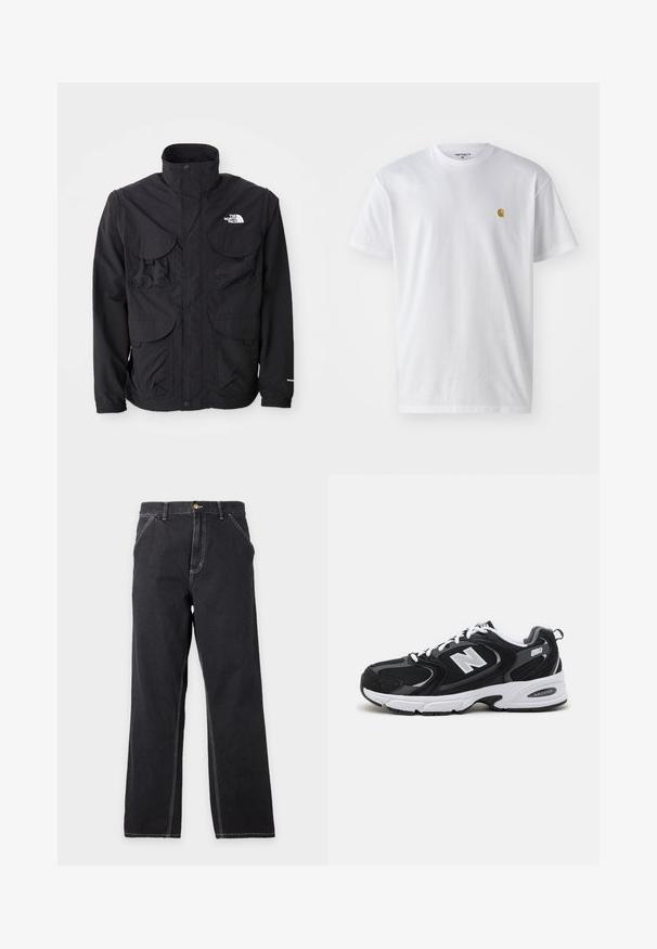 Schwarze Jacke mit hohem Kragen, zwei vorderen Klapptaschen, einem Reißverschluss und einem Logo auf der oberen rechten Seite. Leichtes, Outdoor-Design.; Weißes Baumwoll-T-Shirt mit kurzen Ärmeln, Rundhalsausschnitt, mit einem kleinen goldenen Logo im linken Brustbereich. Weicher Stoff und normale Passform.; Schwarze Jeans mit geradem Bein, Vordertaschen, Gürtelschlaufen und sichtbaren weißen Nähten auf einfachem hellgrauem Hintergrund.; Schwarze und graue Sportschuhe mit Obermaterial aus Mesh und Wildleder, ausgestattet mit einer weißen Zwischensohle, Schnürsenkeln und einem markanten "N"-Logo an der Seite.