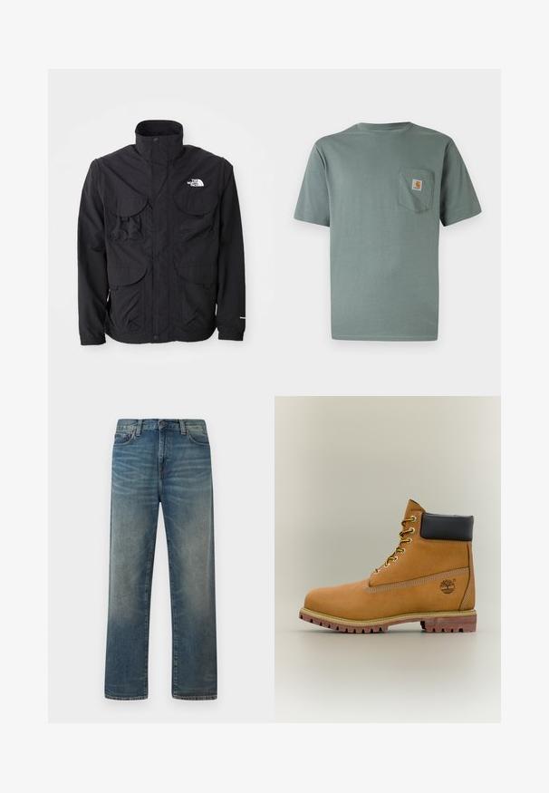 Chaqueta negra con un alto cuello, dos bolsillos frontales con solapa, un cierre con cremallera y un logo en la parte superior derecha. Diseño ligero, ideal para el aire libre.; Camiseta de manga corta de color verde claro hecha de algodón con un bolsillo en el pecho que lleva un parche con el logo. Textura suave y diseño clásico de cuello redondo.; Vaqueros azules de pierna recta con lavado desteñido, cierre frontal con botón y cremallera, y diseño clásico de cinco bolsillos.; Bota de tobillo de cuero marrón con cuello negro, cordones amarillos y suela beige. Presenta un logotipo y detalles de costura blanca. Suela exterior con tracción robusta.