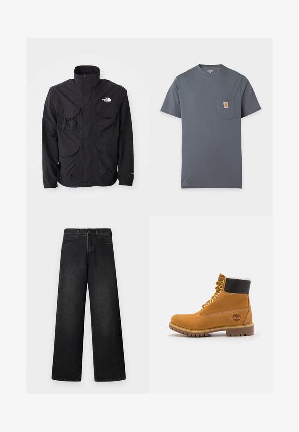 Schwarze Jacke mit hohem Kragen, zwei vorderen Klapptaschen, einem Reißverschluss und einem Logo auf der oberen rechten Seite. Leichtes, Outdoor-Design.; Graues Kurzarm-T-Shirt mit einer Vordertasche und kleinem quadratischem Carhartt-Logo auf der Brust.; Schwarze Jeans aus Denim mit weitem Bein und hoher Taille, fünf Taschen und einem einzelnen vorderen Knopfverschluss. Glatte Textur mit minimalen Details.; Braune Leder-Ankle-Boots mit Metallösen, weißem Kunstfellfutter, schwarzem gepolstertem Kragen, robustem Sohlenprofil und geprägtem Logo an der Seite.