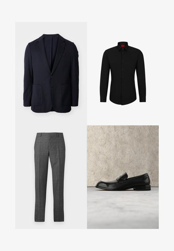 Marineblazer met een twee-knops sluiting, notch revers, twee voorzakken en een zachte textuur. Rechte snit zonder zichtbare patronen of accenten.; Zwarte blouse met lange mouwen, knoopsluiting aan de voorkant, klassieke kraag en ronde onderkant; voorzien van zwarte knopen en een rood logo binnenin de kraag.; Heren donkere grijze op maat gemaakte formele broek met riemlussen en een voorplooiboot, plat afgebeeld op een witte achtergrond.; Zwarte leren loafer met metalen accent, zwevend weergegeven boven een beige tapijt, met een ronde, amberkleurige tafel op de achtergrond.