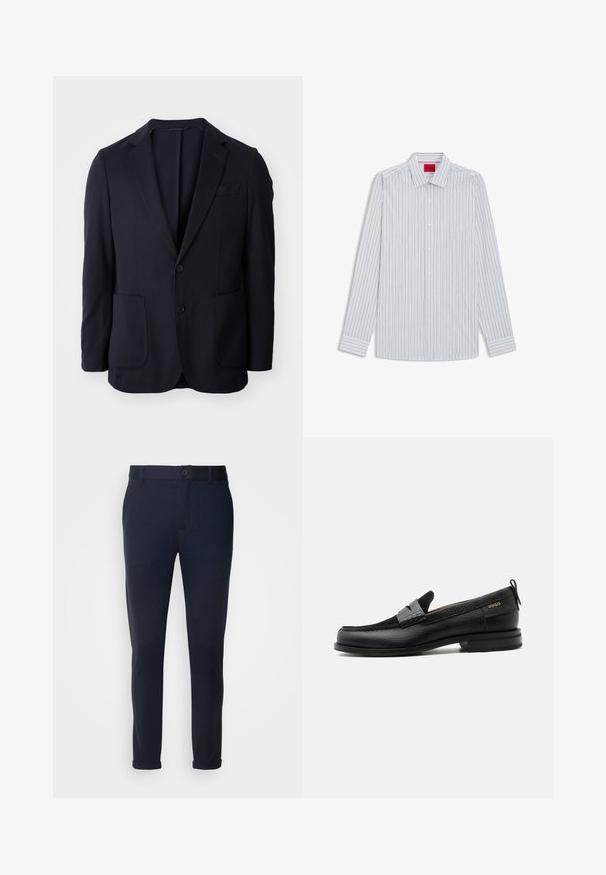 Blazer navy con frente de dos botones, solapas de muesca, dos bolsillos delanteros y una textura suave. Corte recto sin patrones ni acentos visibles.; Camisa de manga larga en azul claro con finas rayas verticales. Presenta un cuello clásico, una tapeta frontal con botones y puños abotonados.; Pantalones azul marino de tejido suave, con cierre de botón, lazos para cinturón y puños enrollados. Textura suave con diseño a medida.; Mocasín de cuero negro con detalle de tira gris, tacón bajo y suela texturizada, con la marca "HUGO" en oro en el lateral.