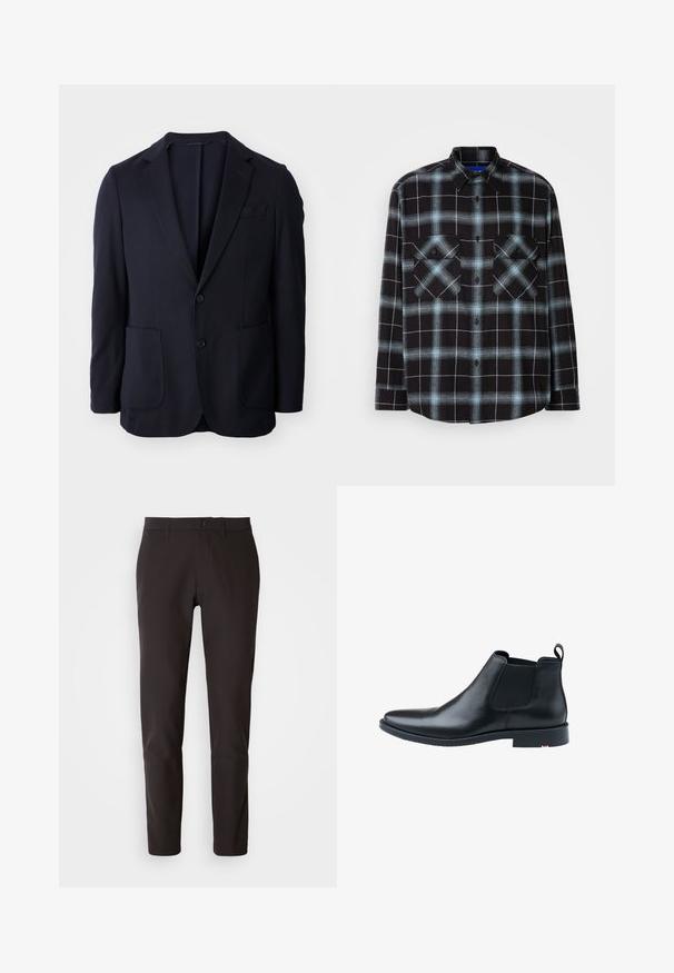 Marineblazer met een twee-knops sluiting, notch revers, twee voorzakken en een zachte textuur. Rechte snit zonder zichtbare patronen of accenten.; Zwart en lichtblauw geruite flanellen shirt met lange mouwen, knoopsluiting aan de voorkant, kraag en twee borstzakken met klepsluitingen.; Zwarte broeken van gladde stof, met een rechte snit, een standaard tailleband met een knoopsluiting, en zonder zichtbare zakken of patronen.; Zwarte leren Chelsea-boot met elastieken zijpanelen, een gladde oppervlakte, een ronde neus en een lage blokhak. Voorzien van een treklus aan de achterkant.