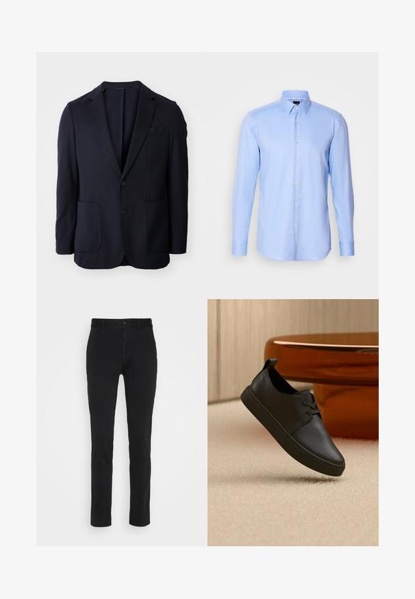 Blazer navy con frente de dos botones, solapas de muesca, dos bolsillos delanteros y una textura suave. Corte recto sin patrones ni acentos visibles.; Camisa de botones de manga larga color azul claro, hecha de tejido texturizado, con cuello puntiagudo y cierre de botones clásico en la parte delantera.; Chinos de algodón negros con un corte ajustado, que cuentan con una cintura estándar, bolsillos frontales y un solo bolsillo trasero. Textura suave y detalles mínimos.; Zapatilla casual negra de cuero con cordones, flotando sobre una alfombra beige, con una mesa de cristal ámbar redondeada en el fondo.