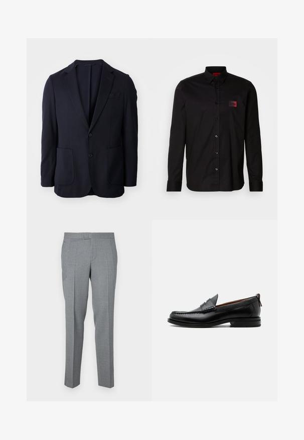 Blazer navy con frente de dos botones, solapas de muesca, dos bolsillos delanteros y una textura suave. Corte recto sin patrones ni acentos visibles.; Camisa negra de manga larga hecha de tela suave, con cierre de botones, cuello clásico y un pequeño parche de marca en rojo en el pecho.; Pantalones grises a medida hechos de una tela texturizada, con un diseño de frente plano, trabillas para cinturón y dos bolsillos laterales. Diseño de pierna recta.; Mocasín de hombre de piel negra con costura moc toe, tira penny, cuello texturizado y tacón bajo apilado sobre fondo blanco.