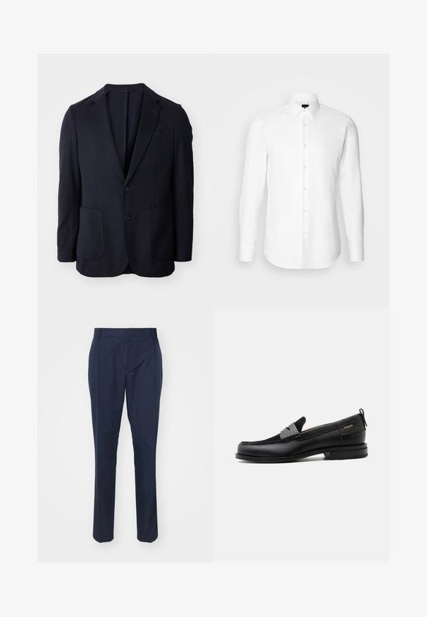 Blazer navy con frente de dos botones, solapas de muesca, dos bolsillos delanteros y una textura suave. Corte recto sin patrones ni acentos visibles.; Camisa blanca de manga larga, con cierre de botones en el frente, cuello clásico, confeccionada con una tela suave con una textura sutil, diseñada para un ajuste entallado.; Pantalones azul marino de tejido suave, con un corte entallado, dos bolsillos frontales y un pliegue a lo largo de cada pierna para un aspecto pulido.; Mocasín de cuero negro con detalle de tira gris, tacón bajo y suela texturizada, con la marca "HUGO" en oro en el lateral.