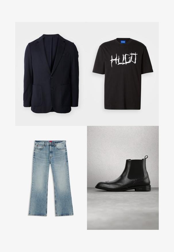 Blazer navy con frente de dos botones, solapas de muesca, dos bolsillos delanteros y una textura suave. Corte recto sin patrones ni acentos visibles.; Camiseta de algodón negra con cuello redondo y mangas cortas que presenta un prominente logo gráfico en blanco "HUGO" en una fuente espigada.; Vaqueros de mezclilla azul claro desgastados con corte recto, diseño de cinco bolsillos, cierre con botón y etiquetas de tela roja en la cintura y el bolsillo delantero.; Bota Chelsea de cuero negro con detalles de brogue, paneles laterales elásticos, tira para tirar y tacón bajo, mostrada en el aire contra un suelo de interior moderno.