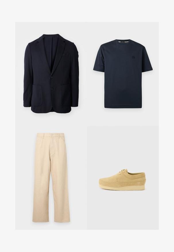 Marineblazer med to-knaps lukning, klapkrave, to forlommer og en blød tekstur. Lige snit uden synlige mønstre eller detaljer.; Marineblå bomulds-T-shirt med rund hals, korte ærmer og et lille, præget logo på brystet. Glat tekstur og afslappet design.; Beige bredde benbukser lavet af denim med en tekstureret finish, der har en frontlukning med knap og klassisk femlomme-design.; Beige ruskind fritidssko med mokassinsyning, snøredesign og tyk gummisål, vist fra siden på en lys baggrund.
