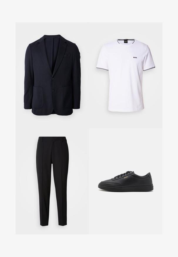 Marineblazer mit einer Front aus zwei Knöpfen, Reverskragen, zwei vorderen Taschen und einer weichen Textur. Gerader Schnitt ohne sichtbare Muster oder Akzente.; Weißes Baumwoll-T-Shirt mit kurzen Ärmeln, das über einen runden Halsausschnitt und schwarze Streifen am Kragen und den Ärmelabschlüssen verfügt. Kleines "BOSS"-Logo auf der Brust.; Calvin Klein PULL ON - Stoffhose - black; Schwarze Leder-Sneaker mit glatter Textur, runder Zehenpartie, flacher Gummisohle und einfarbigen Schnürsenkeln. Mit goldfarbenem "BOSS" Logo an der Seite.