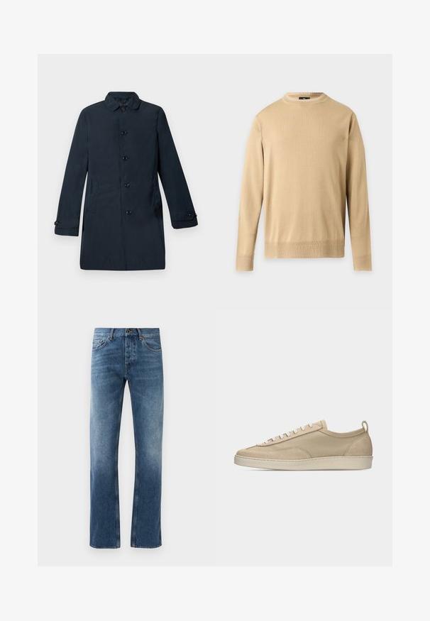 Manteau long bleu marine en tissu lisse, avec un col, des boutons sur le devant et des poches latérales. Design simple et coupe droite.; Pull beige à manches longues avec col rond, bordures côtelées aux poignets et à l'ourlet, présenté sur un fond gris clair uni.; Jean en denim bleu avec une coupe droite, délavé, cinq poches et coutures contrastées. Fermeture à bouton et zip à la taille.; Baskets beige basses avec tige en tissu et daim, lacets blancs, semelle en caoutchouc et languette à l'arrière, présentées en profil latéral sur fond blanc.