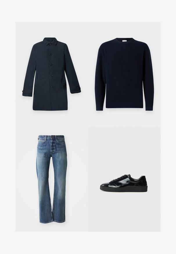 Manteau long bleu marine en tissu lisse, avec un col, des boutons sur le devant et des poches latérales. Design simple et coupe droite.; Pull en tricot côtelé bleu marine avec un col rond, des manches longues et une coupe décontractée. Texture douce, design minimaliste et sans motifs visibles.; Jeans en denim de couleur bleu clair à moyen, coupe droite, design classique à cinq poches et décoloration subtile à l'avant.; Baskets en cuir verni noir avec un bout arrondi, un laçage, une semelle en caoutchouc texturé et une finition lisse.