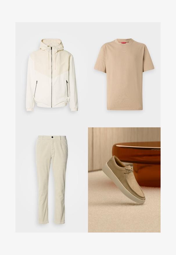 Μαύρο μπουφάν με κουκούλα σε off-white απόχρωση, με αντίθετο φωτεινό μπεζ πάνελ. Διαθέτει κλείσιμο με φερμουάρ και πλαϊνές τσέπες με φερμουάρ. Λείος υφή.; Μπεζ βαμβακερό μπλουζάκι με κοντά μανίκια, στρογγυλή λαιμόκοψη και διακριτό λογότυπο "HUGO" στο κέντρο. Ομαλή υφή, άνετη εφαρμογή.; Ανοιχτό καφέ παντελόνι καπαρντίνα με ίσια γραμμή, που διαθέτει ένα μόνο μαύρο κουμπί και διακριτή ριγωτή υφή. Δεν φαίνονται τσέπες.; Μπεζ αθλητικό παπούτσι από σουέτ με λευκή χοντρή σόλα και κορδόνια, τοποθετημένο σε υφασμένο μπεζ χαλί με στρογγυλό λαμπερό καφέ τραπέζι στο φόντο.