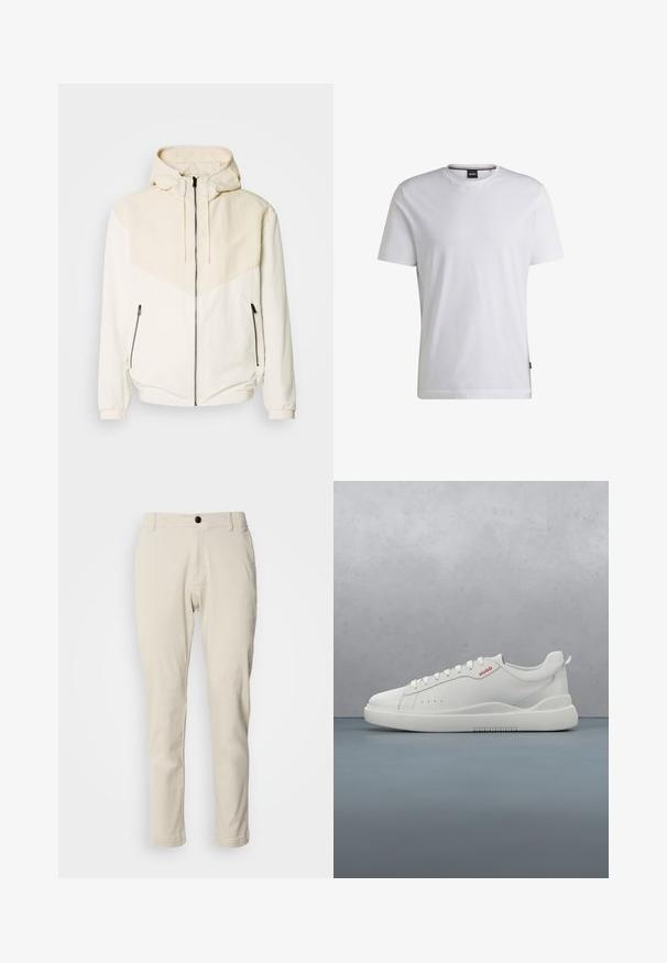 Μαύρο μπουφάν με κουκούλα σε off-white απόχρωση, με αντίθετο φωτεινό μπεζ πάνελ. Διαθέτει κλείσιμο με φερμουάρ και πλαϊνές τσέπες με φερμουάρ. Λείος υφή.; Λευκό κοντομάνικο μπλουζάκι φτιαγμένο από βαμβάκι. Διαθέτει στρογγυλή λαιμόκοψη και μια διακριτική ετικέτα μάρκας στο πλάι. Απαλή υφή και απλός σχεδιασμός.; Μπέζ chino παντελόνια με ίσια γραμμή, φτιαγμένα από μαλακό βαμβακερό ύφασμα, διαθέτουν φερμουάρ και ένα μαύρο κουμπί κλεισίματος.; Λευκό παπούτσι sneaker με λείο δερμάτινο φινίρισμα, στρογγυλή μύτη, τέσσερις τρυπούλες, διακριτές οπές και κόκκινη λεπτομέρεια λογότυπου στο πλάι.