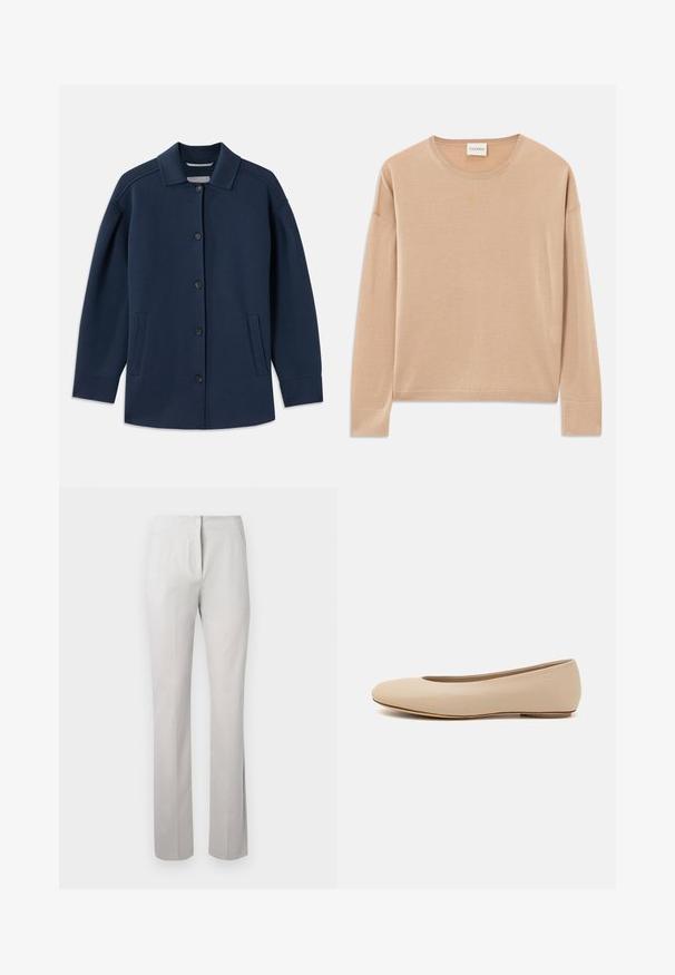 Marineblå jakke med krave, frontknapper, sidelommer og en afslappet pasform med brede ærmer. Lavet af blødt stof.; Beige langærmet sweater med rund halsudskæring, afslappet pasform og ribbede detaljer ved ærmer og nederkant. Blød, glat tekstur med minimalistisk design.; Lys grå, skræddersyede bukser med en glat tekstur, lige ben, og en mid-rise talje. Har lynlås og sidelommer.; Beige læder balletflade med afrundet tå, minimal sømdetaljering, lav hæl og subtilt logo på bagsiden. Glat, mat tekstur.