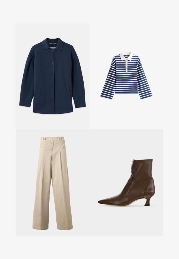 Marineblå jakke med krave, frontknapper, sidelommer og en afslappet pasform med brede ærmer. Lavet af blødt stof.; Langærmet polo-shirt med marineblå og hvide striber, hvid krave og fem gyldne knapper foran. Fremstillet af bomuldsblanding med en glat tekstur.; Beige bukser med høj talje og brede ben med bæltestropper, forreste læg og sidelommer, vist på en ensartet lys baggrund.; Brun læderankelstøvle med spids tå og lav buet hæl på en lys baggrund.