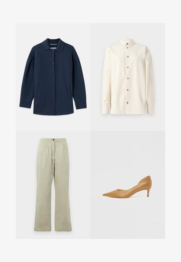 Marineblauwe jas met een kraag, knopen aan de voorkant, zijzakken en een ontspannen pasvorm met brede mouwen. Gemaakt van zachte stof.; Soulland DAMON SHIRT - Overhemdblouse - white; Lichtgroene wijde broek van zacht materiaal, met een knoopsluiting aan de voorkant, plooien en een nette zoom.; Tan bruine leren pump met spitse neus en een kleine hak, voorzien van een uitgesneden ontwerp aan de zijkant voor extra detail en een gladde textuur.