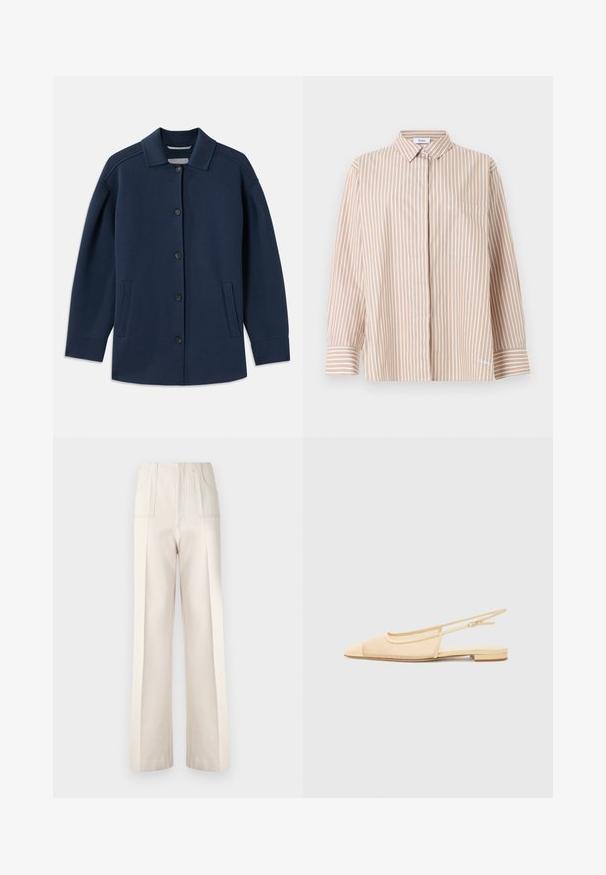 Marineblauwe jas met een kraag, knopen aan de voorkant, zijzakken en een ontspannen pasvorm met brede mouwen. Gemaakt van zachte stof.; Beige-wit gestreept overhemd met lange mouwen, kraag, voorzak, knoopmanchetten en verborgen knopen aan de voorkant.; Beige wijde broekspijpen met een hoge taille, twee voorkruiken en zichtbare stikseldetails. Gemaakt van een soepele, lichte stof.; Slingback ballerina in lichtbeige met een mesh bovenwerk, spitse neus en een lage hak. Voorzien van een verstelbare band voor een goede pasvorm.