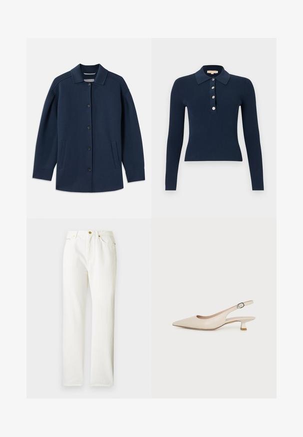 Marineblå jakke med krave, frontknapper, sidelommer og en afslappet pasform med brede ærmer. Lavet af blødt stof.; Marineblå ribbet poloshirt med lange ærmer, fire knapper foran og klassisk krave, slim fit.; Hvide denimbukser med lige ben-design, der har lukning med knap foran og en subtil tekstur. Inkluderer sidelommer og minimalt hardware.; Beige spids tå slingback sko med lav kitten hæl og justerbar side spænde på en ensartet hvid baggrund.
