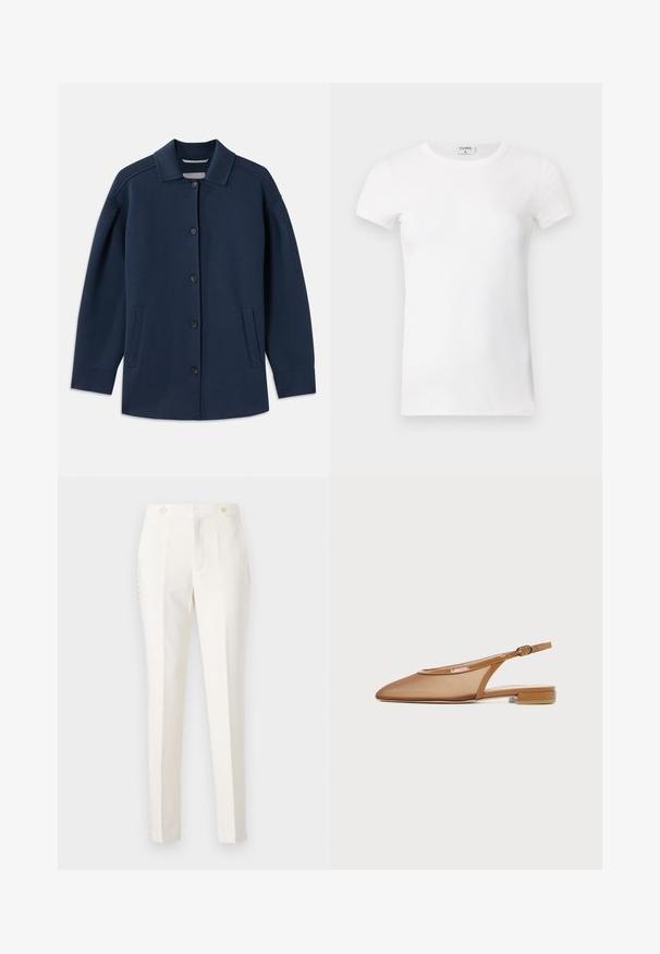 Marineblå jakke med krave, frontknapper, sidelommer og en afslappet pasform med brede ærmer. Lavet af blødt stof.; Hvid, stribet T-shirt med kortærmer og rund hals. Stoffet ser glat ud med en tætsiddende silhuet. Brandingmærke synligt ved kraven.; Hvide skræddersyede bukser med slim fit, der har to forlommer, dobbelt lukning og diskret sidelinedetail. Glat tekstur.; Brun slingback flad sko med spids tå, tynd rem med spænde og lav blokhæl på hvid baggrund.