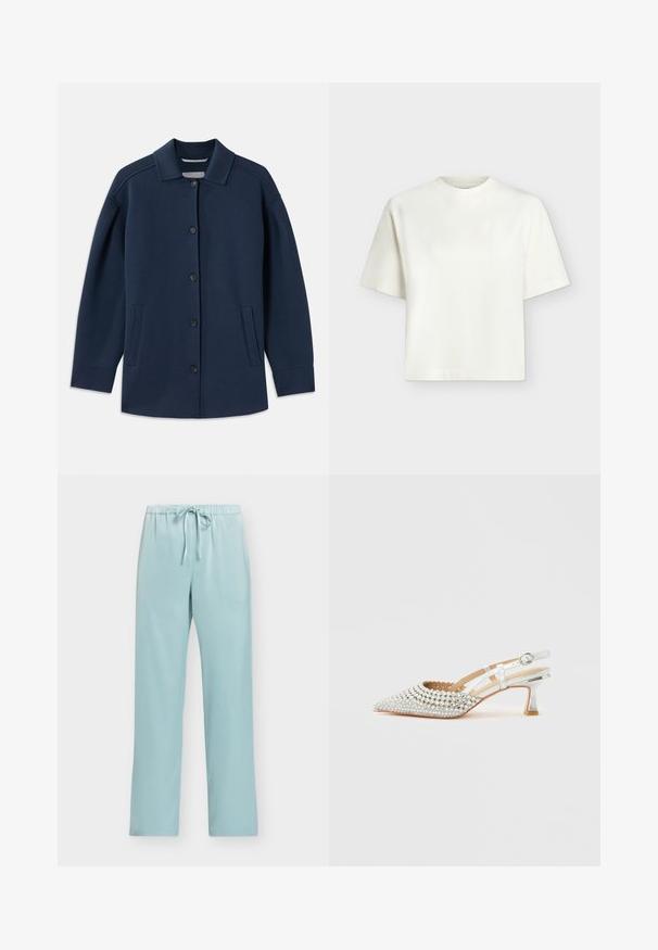 Marineblaue Jacke mit Kragen, vorderem Knopfverschluss, seitlichen Taschen und einem lockeren Schnitt mit weiten Ärmeln. Hergestellt aus weichem Stoff.; Schlichtes weißes Kurzarm-T-Shirt mit rundem Ausschnitt und lockerem, kastigem Schnitt auf hellgrauem Hintergrund.; Hellblaue elastische Hosen mit Tunnelzugbund, geraden Beinen und ohne sichtbare Taschen, dargestellt vor einem einfarbigen Hintergrund.; Silberner Slingback-Kittenheel mit spitz zulaufender Spitze, verziert mit mehreren kleinen Perlen und Strasssteinen sowie einem Riemen mit Schnalle vor einfarbigem Hintergrund.