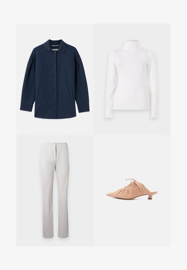 Marineblå jakke med krave, frontknapper, sidelommer og en afslappet pasform med brede ærmer. Lavet af blødt stof.; Hvid turtleneck sweater, tætsiddende design, lange ærmer, blød tekstur, glat stof, minimal detaljer, ribbede manchetter og krave.; Lys grå, skræddersyede bukser med en glat tekstur, lige ben, og en mid-rise talje. Har lynlås og sidelommer.; Beige dames mule i læder med spids tå, rynket overdel, snøre og lav kittenhæl på hvid baggrund.