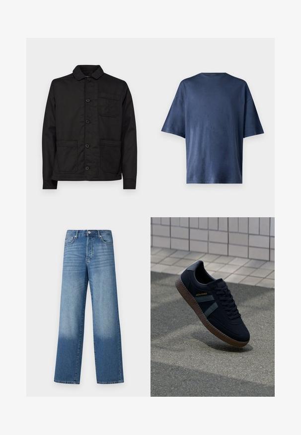 Schwarze Baumwolljacke mit einem Kragen, Knopfleiste und einer einzelnen Brusttasche. Verfügt über zwei aufgesetzte Taschen vorne und einen flachen Saum.; Marineblaue Kurzarm-T-Shirt aus weichem Stoff, mit klassischen Rundhalsausschnitt und lockerer Passform, ohne sichtbare Muster oder Akzente.; Blaue hochgeschnittene Straight-Leg-Jeans mit Ausbleichungen an den Oberschenkeln und dunklerem Schatten nahe den Säumen, sichtbare vordere Knöpfe und Taschen.; Schwarze Sneaker mit strukturierter Oberfläche, dunkelgrünen Streifen und brauner Gummisohle. Mit Schnürung und Branding an der Seite.